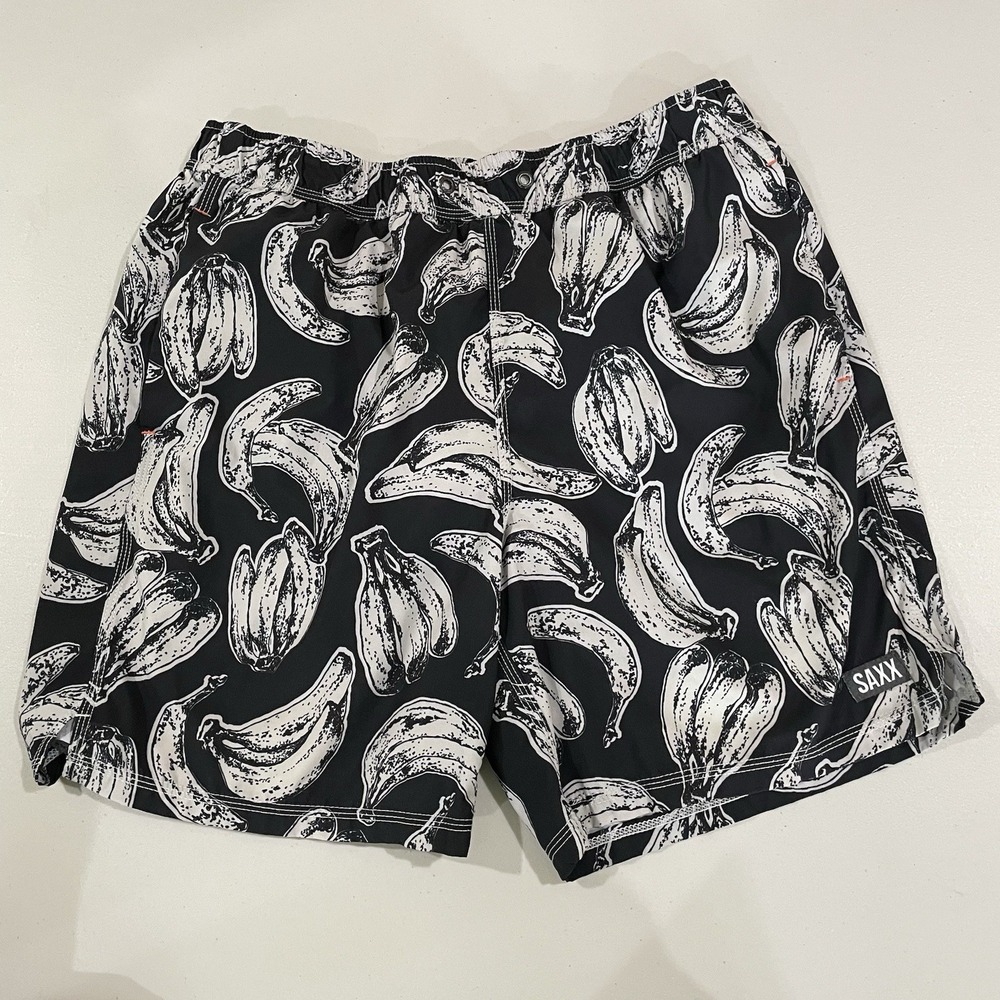 SAXX Oh Buoy 2N1 Shorts Men's L 7" Black White Bananas Lined 2 In 1 Droptemp